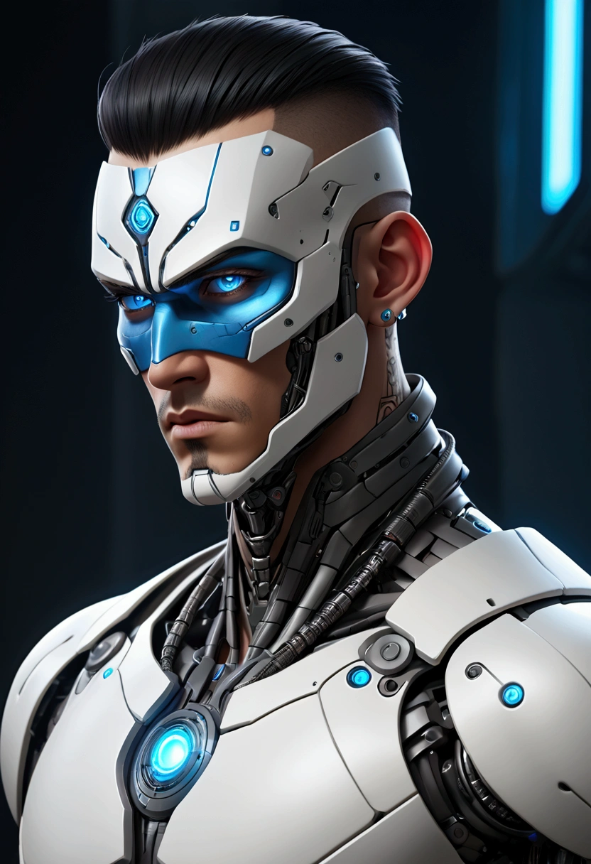 (best quality, Art, animation styling, Full of details), Upper body cut of a man with an Indian warrior feel, A man with a thick facial bone structure, A man with a thick neck and developed trapezius muscles, official anime art illustration, White person with blue eyes, Cartoon of a man wearing a mask on his face, protruding eyes, semi-realistic cyberpunk style, Portrait of a cyberpunk man, cyberpunk art ultrarealistic 8k, cyberpunk style , hyper realist, cyberpunk character, Trends in ArtStation, Complete movie character, Trends in ArtStation 4k, Cyberpunk Cyborg Upper Body, Realistic upper body like a movie, A perfectly realistic cyberpunk hero., inc썩음ibly detailed, 8k, Ultra HD, Art, best quality, very detailed, convoluted, Expressing the upper body, Show me your waist, Cyborg, a machine-to-human ratio, Chest area full of visible machine parts, Machine parts for abs too, All below the neck is mechanical, Attaching machine parts to the face, Strong light emission on waist belt, A brightly lit city background, dark colored machine, full body pose, whole body, Most of the body, except the face, is made of machines.