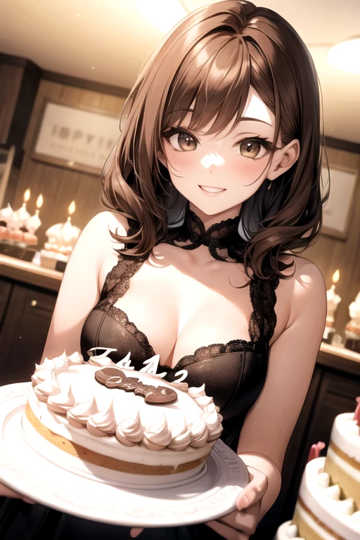 A scene of an 18-year-old girl smiling in front of a cake at her birthday party。She has medium length brown hair、There&#39;s cream on your mouth。There is a cake and decorations on the table for the celebration.、It creates a fun atmosphere。