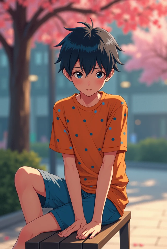 anime teen boy, with orange t-shirt with blue spots, short azul, alone on a bench, Valentine&#39;s Day 