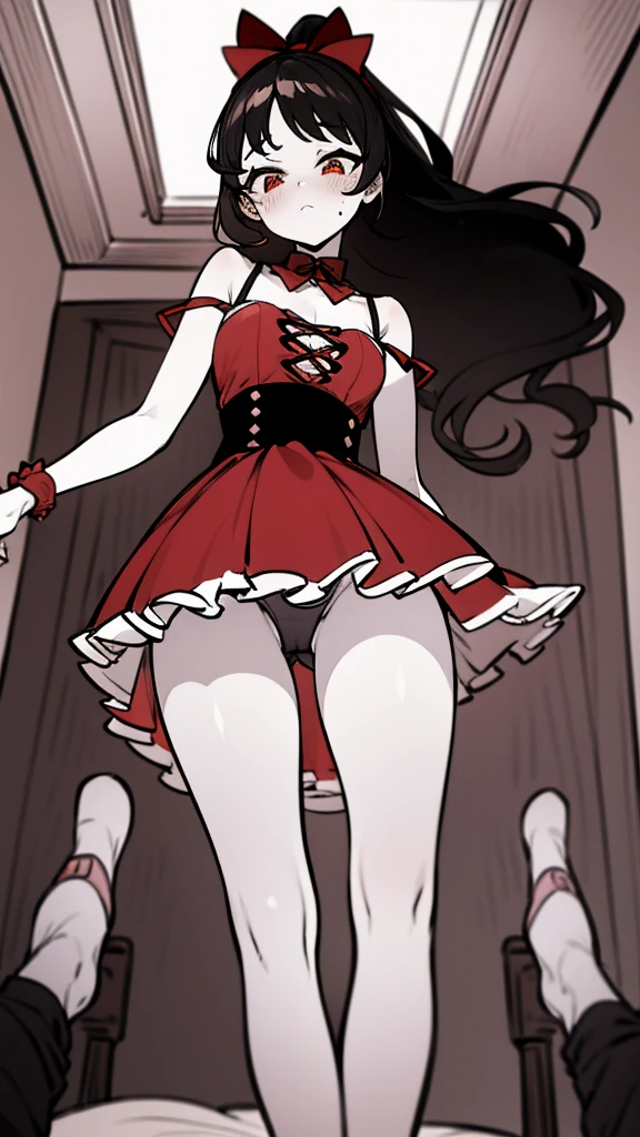 using pantimedies, wavy black hair, piercing look with deep red eyes, average stature, Silky hair with a ponytail hairstyle collected with a red bow with two white lines, with clothes, has a vagina, has breasts, cup of breasts, small breasts, slim, foreground, Session, sitting in her room, standing in his room, wearing pantyhose, using pantimedies, Picardias, short skirt, shoes, blouse with straps, blush, opening her legs making her panties visible, open legs, perfect white panty, Skirt fluttering in the wind, grabbing the skirt with both hands, from below, chubby thighs, big thighs, big ass