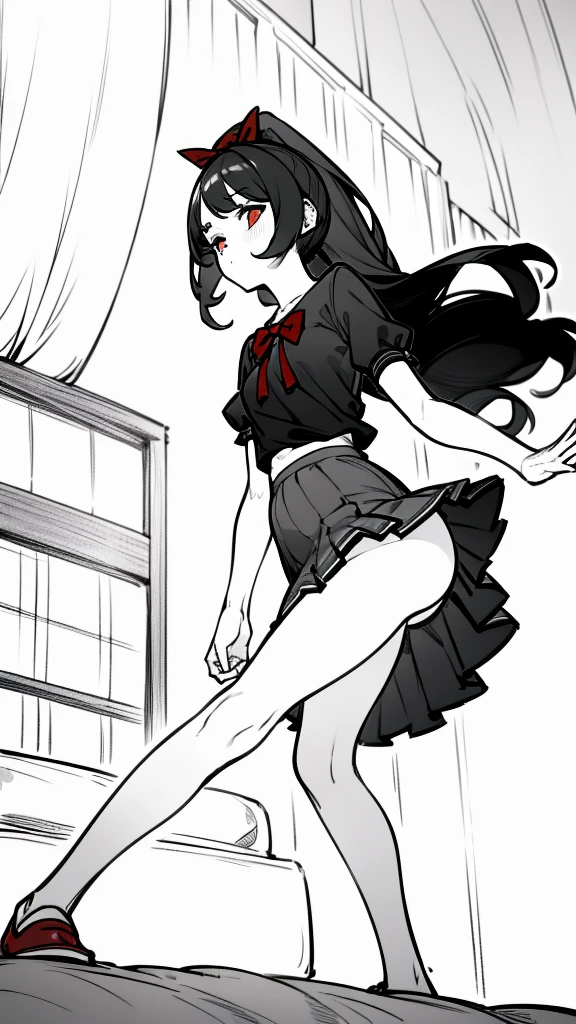 using pantimedies, wavy black hair, piercing look with deep red eyes, average stature, Silky hair with a ponytail hairstyle collected with a red bow with two white lines, with clothes, has a vagina, has breasts, cup of breasts, small breasts, slim, foreground, Session, sitting in her room, standing in his room, wearing pantyhose, using pantimedies, Picardias, short skirt, shoes, blouse with straps, blush, opening her legs making her panties visible, open legs, perfect white panty, Skirt fluttering in the wind, grabbing the skirt with both hands, from below, chubby thighs, big thighs, big ass