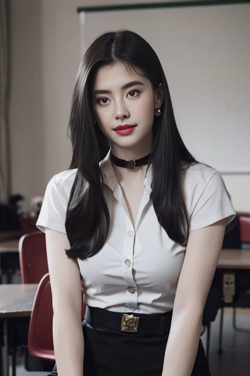 (Masterpiece, best quality, alone, รายละเอียดที่complicated, Chromatic aberration), realistic, ((Moderate breath)), hair in one eye,purple eyes, earring, sharp eyes, choker, (symmetrical eyes),(Perfect symmetrical body),Photo of a beautiful 24 year old girl,(fit the body), Beautiful and charming with contemporary fashion paintings as well....., looking at the audience, ((in the classroom background)), (1 Teen Girl),(black short skirt), (white short sleeve, Slim fit shirt., Unbuttoning the buttons, Revealing a little breast..), ((A short black pencil skirt with a deep slit on the side...)), sugar belt, ((Put your hands down.)),Blue blonde hair, Bob, long hair, Side flatness,round chin, Art lens 85mm, Sharp focus, High resolution 8K, Crazy details, complicated, elegant,sitting on the study table Lift one leg to eye level.., legs slightly apart.,big breasts,big breasts, dynamic gesture, big breasts