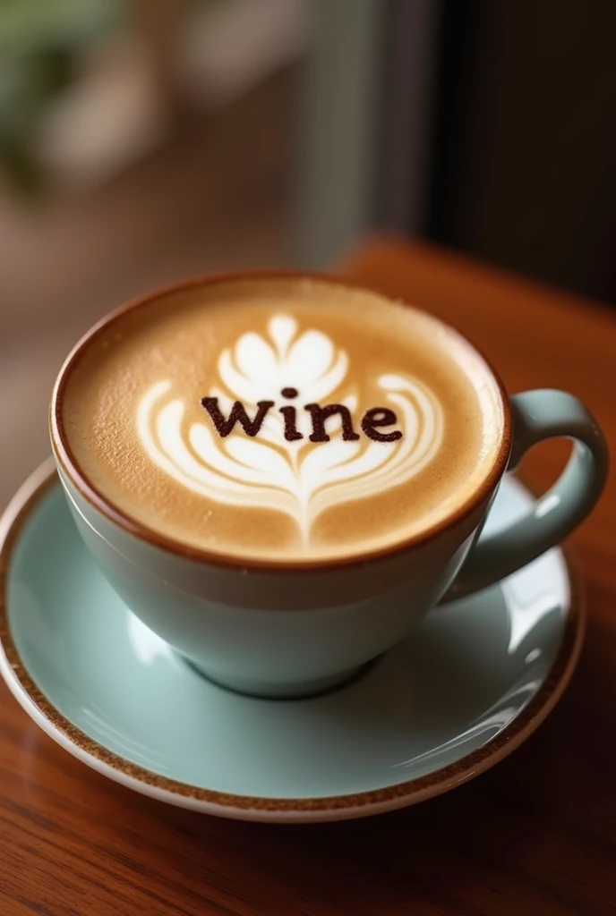 A cup of cappuccino coffee with a lettering that says "wine"