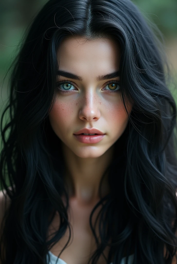 The woman has wavy hair, long black hair that is black as night that looks like waterfalls falling in waves. His eyes are heterochromatic, one in grayish tones and the other in amber. In addition to having a strong face, with well-defined features, Nordic