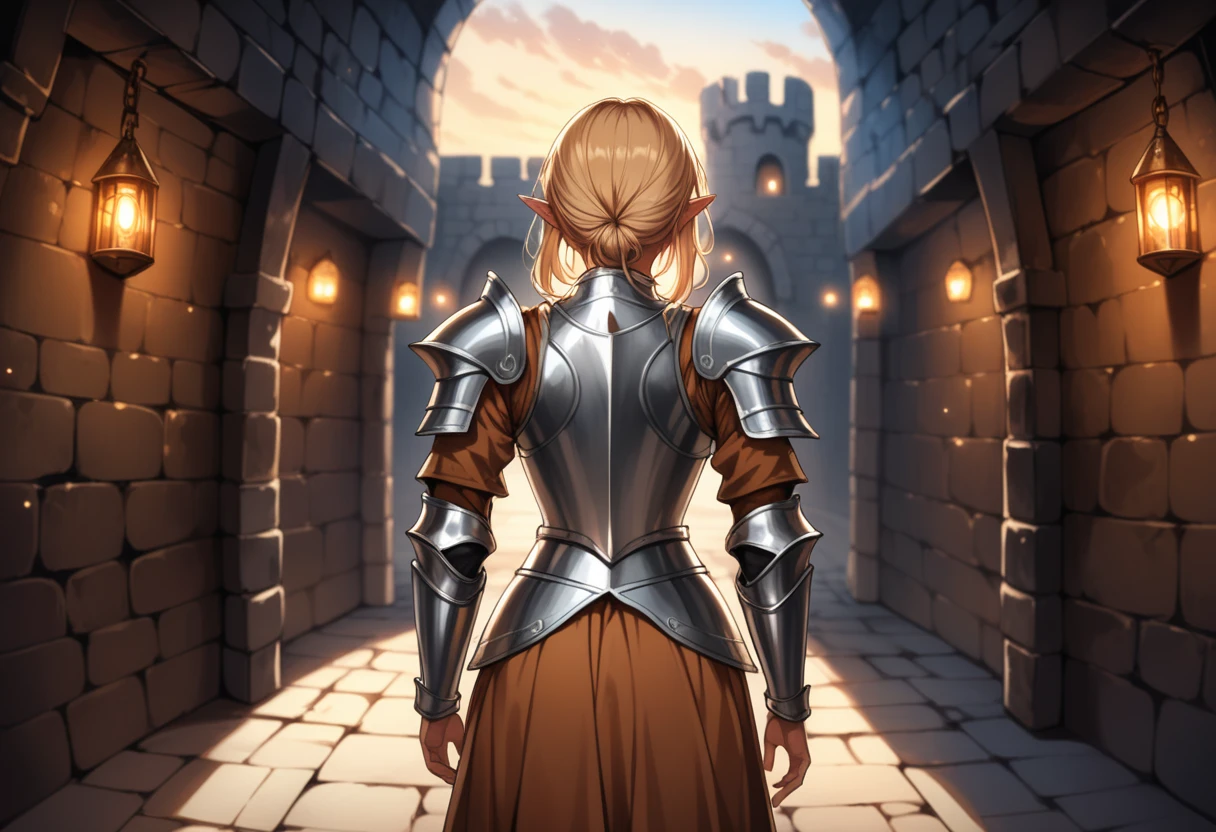 8K, RAW, best quality, masterpiece, ultra high res, colorful, (medium wide shot), (dynamic perspective), sharp focus , (depth of field, bokeh:1.3), extremely detailed eyes and face, beautiful detailed eyes,
(1girl, elf girl, tiny, short, dressed in light armor, blonde hair, brown eyes, dark tanned skin), (1man, human male, strong, dressed in armor, brown hair, brown eyes),
(dungeon background, from behind, from back)