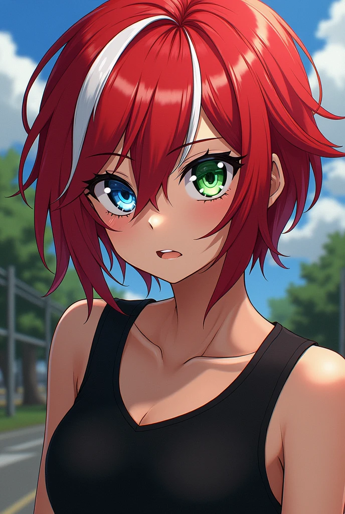 Make a Boku no Hero character with red hair with white streaks and one blue eye and the other green