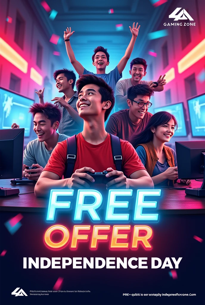 Make a poster for my "4A gaming zone". Advertising the "free offer" for the independence day. The free offer is something like this, if  anyone pays for 1 hour they will get extra 30 minutes for free and if anyone pays for 30 minutes they will play extra 15 minutes for free
