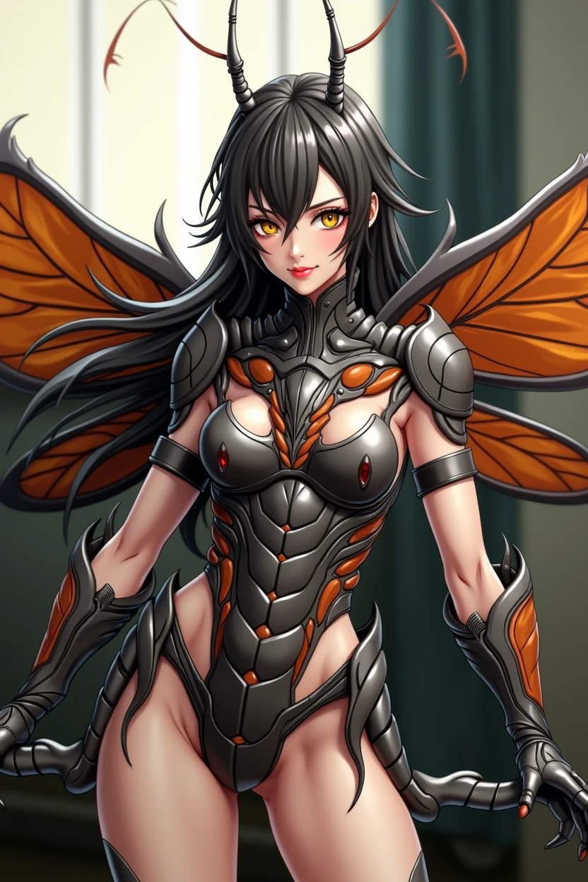 (high resolution,masterpiece,best quality,extremely detailed CG, anime, official art:1.4), realistic, photo, amazing fine details, all intricate, gloss and shiny,awesome many layers, 8k wall paper, 3d, sketch, kawaii, illustration,( solo:1.4), perfect female proportion,villainess, (fusion of dark brown cockroach and lady:1.4), (brown cockroach form lady:1.2), (brown cockroach lady:1.2), (fusion:1.2), (solo:1.4), (evil smile:1.2), muscular, abs, (cockroach brown exoskeleton bio insect suit:1.4), (cockroach brown exoskeleton bio insect armor:1.2), (brown transparency cockroach wing:1.4), (brown cockroach antennae:1.3),