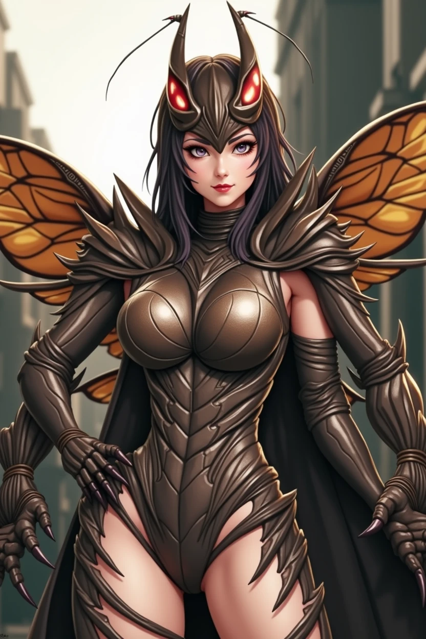(high resolution,masterpiece,best quality,extremely detailed CG, anime, official art:1.4), realistic, photo, amazing fine details, all intricate, gloss and shiny,awesome many layers, 8k wall paper, 3d, sketch, kawaii, illustration,( solo:1.4), perfect female proportion,villainess, (fusion of dark brown cockroach and lady:1.4), (brown cockroach form lady:1.2), (brown cockroach lady:1.2), (fusion:1.2), (solo:1.4), (evil smile:1.2), muscular, abs, (cockroach brown exoskeleton bio insect suit:1.4), (cockroach brown exoskeleton bio insect armor:1.2), (brown transparency cockroach wing:1.4), (brown cockroach antennae:1.3),
