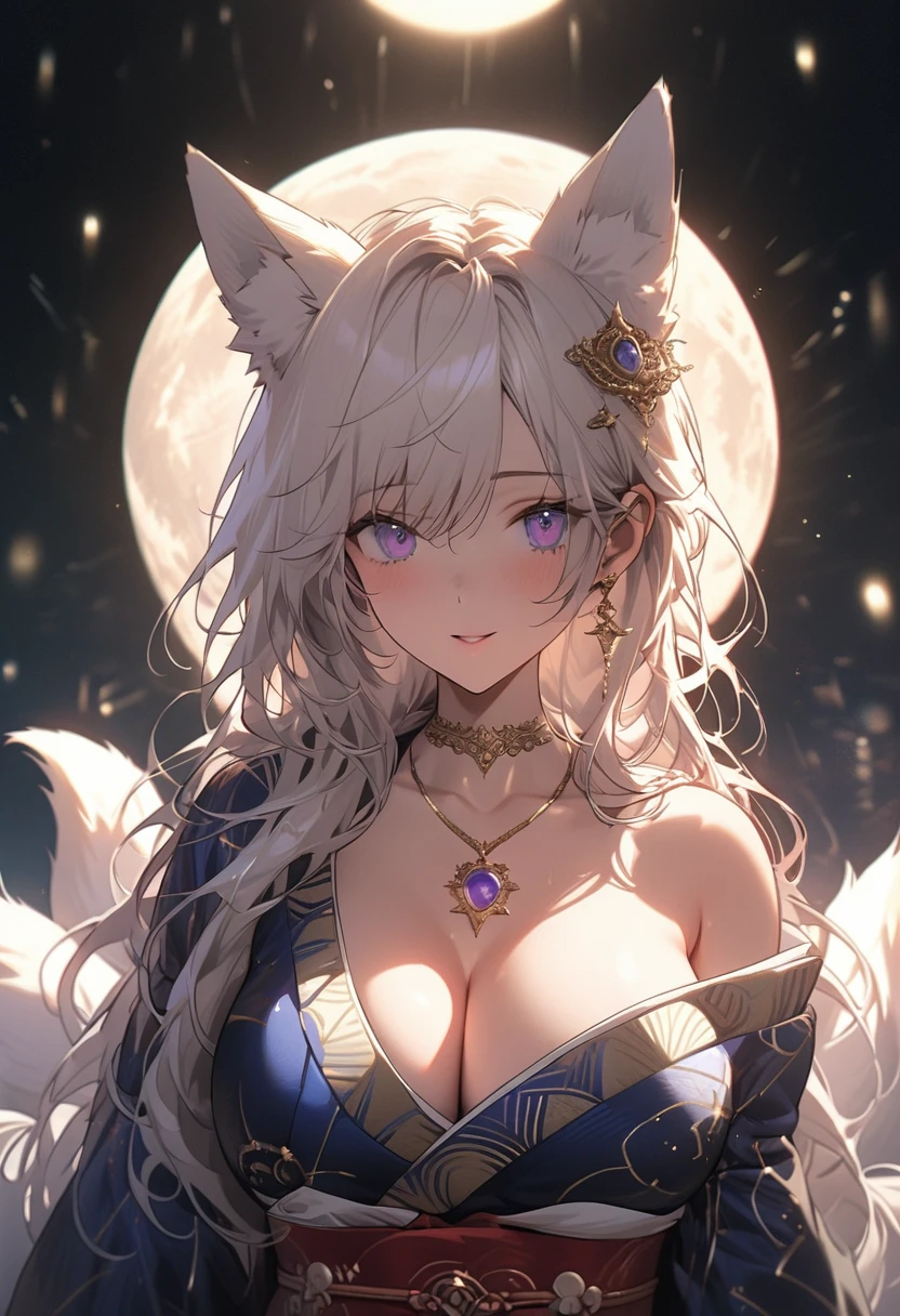 AissistXLv2, best quality, masterpiece, ultra-detailed, delicate features, beautiful lighting, upper body, upper body only, focus on upper torso, solo, 1 girl, delicate skin, ethereal beauty, violet eyes, deep color eyes, silver-white hair, long hair, soft hair, beautiful hair, kitsune, nine tails, celestial being, massive breasts, huge breasts, large breasts, lithe and curvaceous figure, flowing kimono, fine silk kimono, midnight blue and silver kimono, stars moons foxes patterns kimono, gold and silver embroidery, moon-shaped pendant, silver fox-shaped hairpin, sash with enchanted charms, enchanted choker, shimmering glow, deep luminous violet eyes, otherworldly glow, smooth flawless skin, porcelain-like quality, fox-like ears, nine bushy tails, expressive, regal, serene expression, calm and composed, divine authority, mystical glow, subtle enchanting light, otherworldly grace, graceful and poised, reflective and introspective, dignified, commanding presence, fantasy background, (gleaming skin:1.4), more_details:1.5, bright colors, beautiful background illustration, beautiful