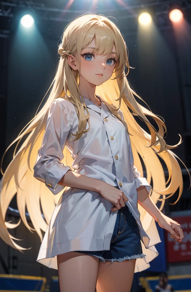masterpiece, ultra detailed, 8k portrait, RAW photo, portrait photography, Highly detailed face, beautiful and meticulous eyes, 15 years old, standing on the stage, white shirt and blue shorts, thin long white gown, cute girl, long hair, light blonde girl with long hair, young girl, 1girl, cute girl, pretty girl, portrait of cute girl, slim:1.5,