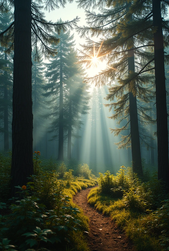 the forest trees in the background swaying in the wind 