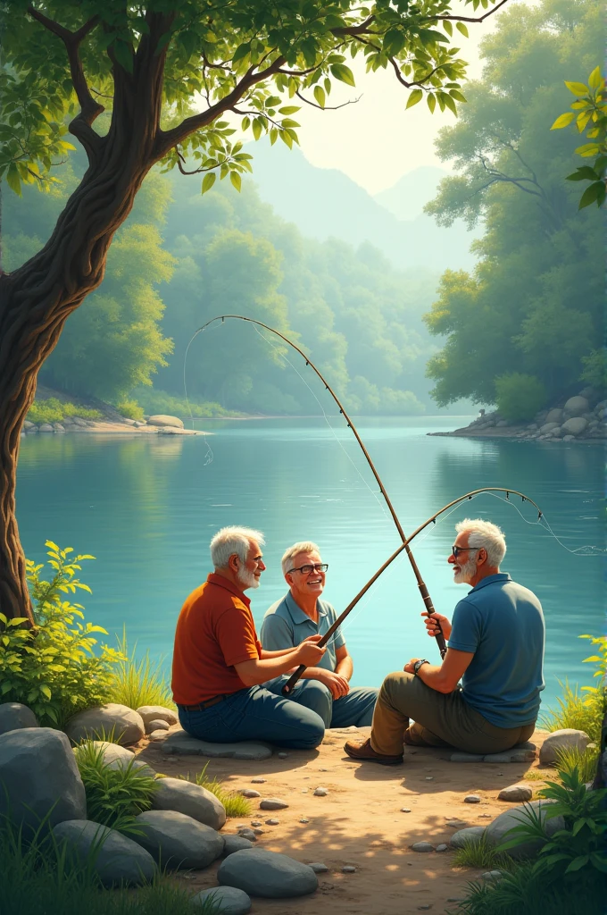 three men, on the riverbank fishing and laughing