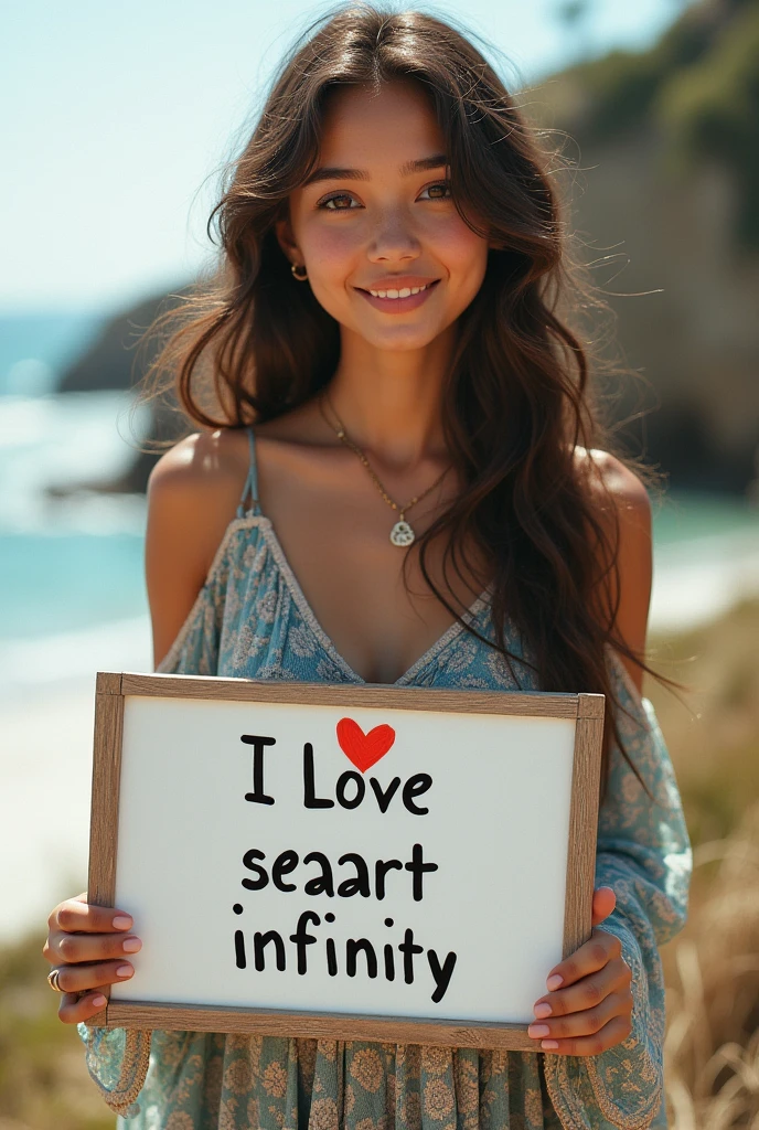 Beautiful girl with wavy long hair, bohemian dress, holding a white board with text "I Love Seaart Infinity" and showing it to the viewer