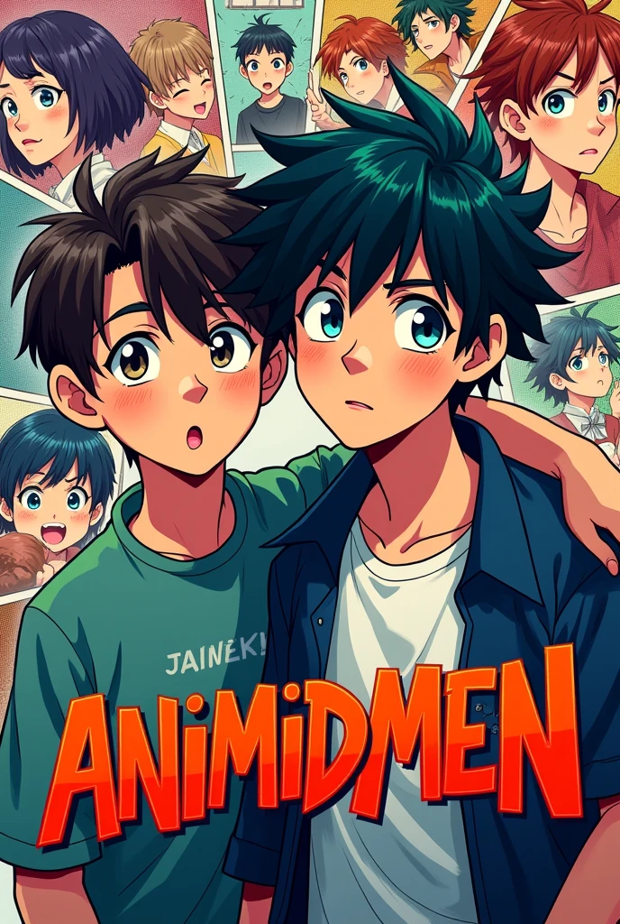 Background is a collage of various manga panels, and in the centre lies animated avatars of a duo of  boys below which is written "ANImidMEN" in blue font colour in joker font style in a 1:1 frame
