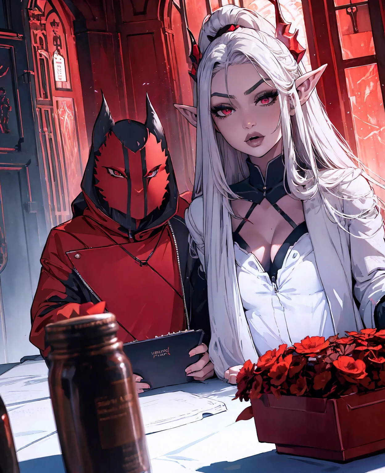 a devilish woman with black hair, pale skin, and red eyes, wearing an elf-like costume, in a dark and mysterious setting, 1girl, highly detailed, dark fantasy, cinematic lighting, dramatic shadows, dramatic pose, moody, gothic, chiaroscuro, dark magic, mystical, occult, surreal, ethereal, glowing eyes