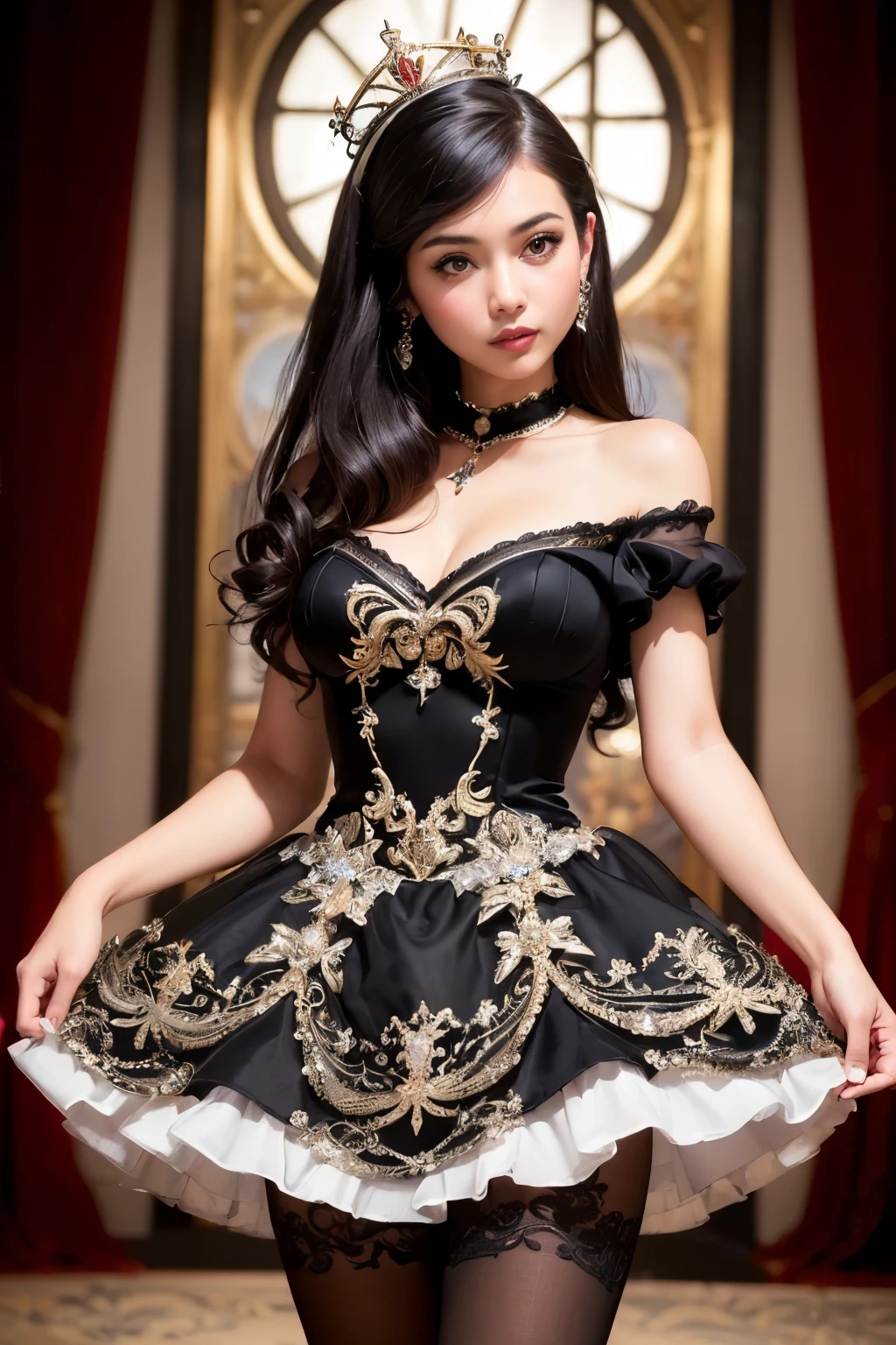 (((masterpiece))), (((Highest quality: 1.4))), ((Super detailed: 1.4)) ,(Genuine:1.4),
Wearing a beautiful black Disney princess dress., A short chiffon skirt with delicate details that flatter your figure., Super realistic sexy pantyhose, Very sexy and seductive..............:1.2, Looking into the camera, Cinema Lighting, perfection, Russ's outfit, High Resolution Skins:1.2, Realistic skin texture, 14 years、Small Face、Without makeup、, Off the shoulder,Bust cup B、Small neckline, blue eyes, Hair Bun, Dark brown hair、Photo size from head to knee、On a neutral background、Staring at the target、Have a lovely smile, jenniferconnelly, white tanktop, (Shooting from below:1.8),