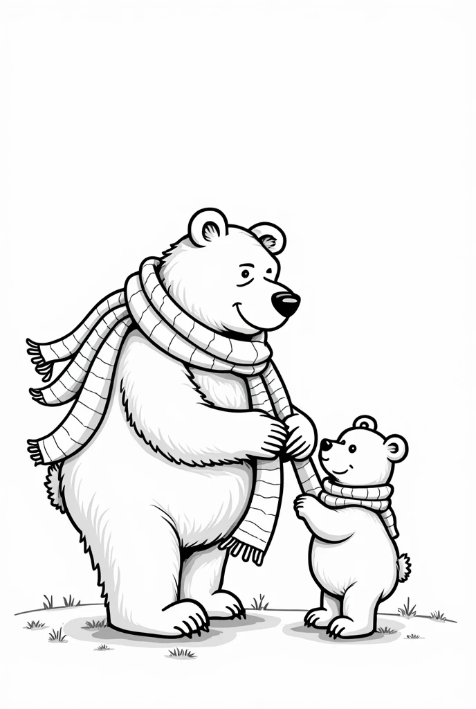 Grandpa male bear with scarf with stripes of different sizes in his hands giving his grandson who is a little bear this long scarf. illustration in outline format without color fill, only the outline of the drawing with the rest without colors, just the outline of the illustration and the rest blank for coloring book 
