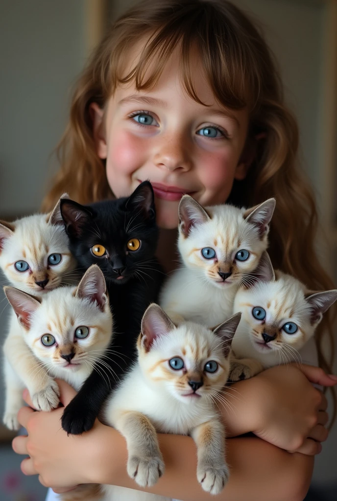 I want a picture of a girl with her 7 kittens, Only 1 cat is black with orange eyes and all 6 cats are Siamese with blue eyes.