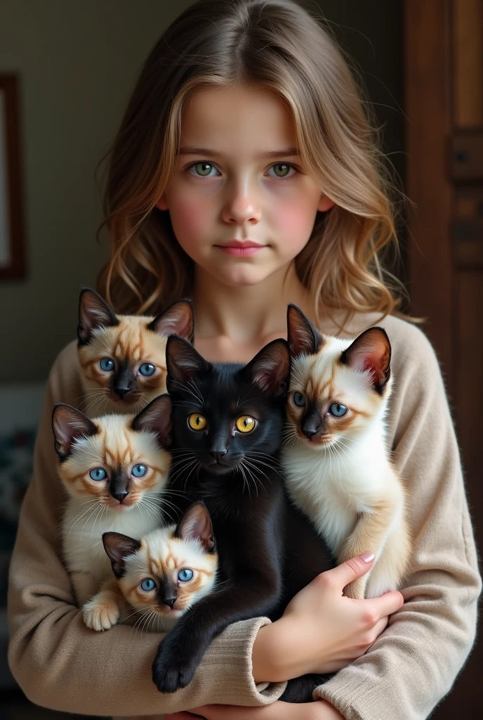 I want a picture of a girl with her 7 kittens, Only 1 cat is black with orange eyes and all 6 cats are Siamese with blue eyes.