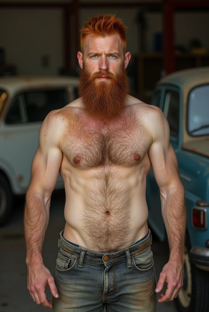 white man with red hair and beard, he is naked, perfect penis, dirty with grease, he is in a mechanic shop with old cars in the background