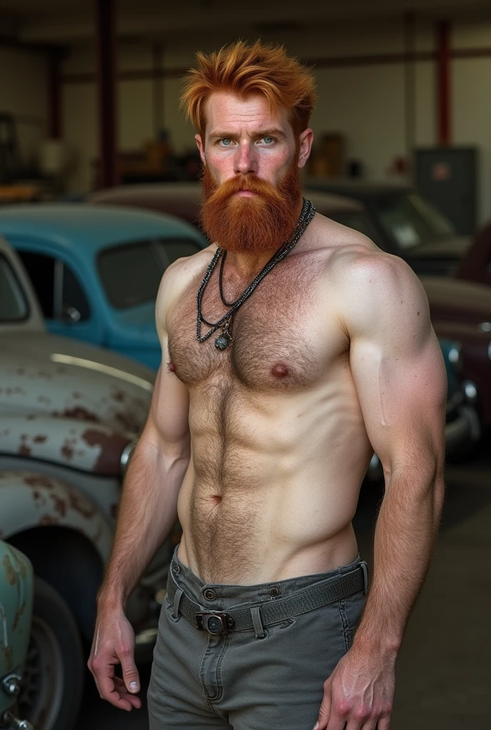 white man with red hair and beard, he is naked, perfect penis, dirty with grease, he is in a mechanic shop with old cars in the background
