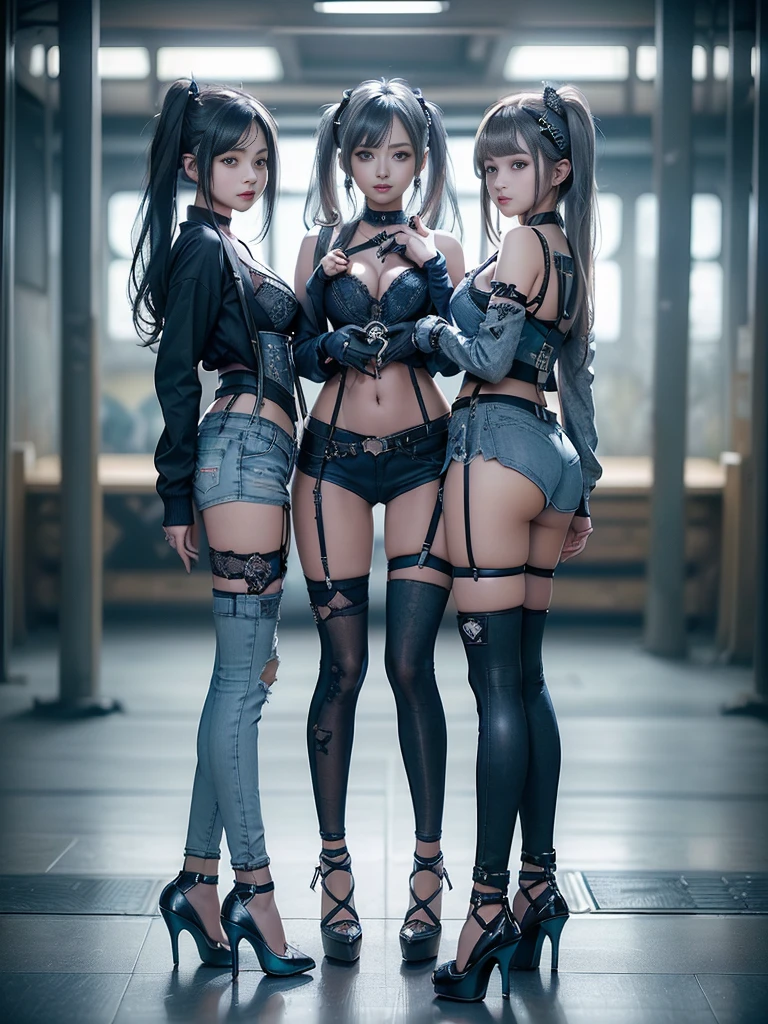 (Three Girls, 3 girls:1.5)、(Full Body View:1.2)、(Back view:1.4)、(Smiling with teeth showing:1.3),(Shibuya Gal:1.5)、(Beautiful:1.4)、(Neo-Goth Fashion:1.5)、(Punk RockVisual Kei:1.3)、(Futuristic turquoise, denim and navy blue bodysuit:1.5)、(Delicate denim and turquoise cardigan:1.5)、(Gorgeous decorated corset:1.4)、(Navy denim garter belt:1.5)、(Delicate denim, navy and black cargo pants:1.3)、(Heart-shaped silver accessories:1.5)、(Brown Skin Belt:1.4)、(Blue High Heels:1.4)、(Lace underwear:1.4)、20-year-old、Browsing Caution,((Highest quality、In 8K、masterpiece:1.3))、Sharp focus:1.2、(Layered Cut、Huge breasts:1.1),Beautiful woman with perfect figure:1.4、(Dance vigorously:1.3)、Slim Abs:1.2、Butt、Highly detailed face and skin texture、Fine grain、double eyelid,(Twin tails:1.3)、(Brownish golden hair:1.3)、Obscene、Idol Sculpture、(The three of them are posing together:1.3)、(In the background is a gorgeous medieval metropolis on a sunny day:1.3)、(Slimming your legs:1.4)、(The body is slim:1.3)、(clavicle:1.1)