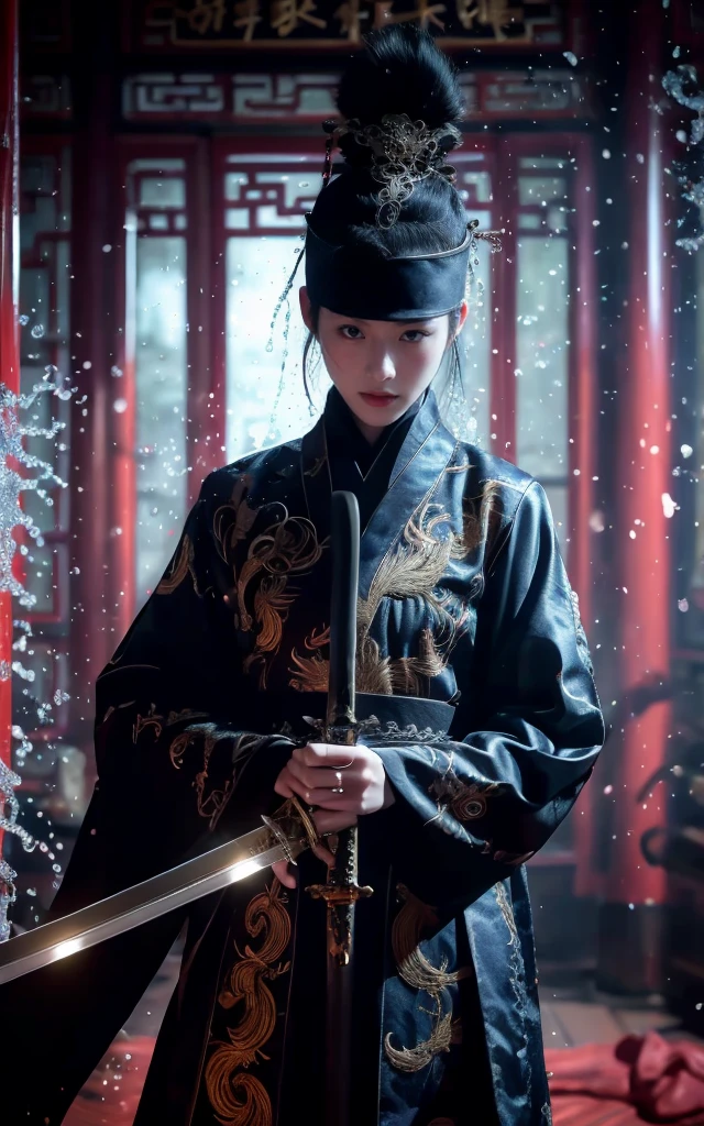 Ultra-high resolution，High-resolution details，reality，Wearing embroidered Chinese clothing,Dynamic Angle,view,Practical,Luminescence,
Xueer Embroidered Guard Uniform, have, Solitary,  Looking at the audience, Sharp eyes，have杀气，Holding a sword, Black Hair, scar,  scar on face, 1 female upper body，Solitary,Beautiful women,have气质
