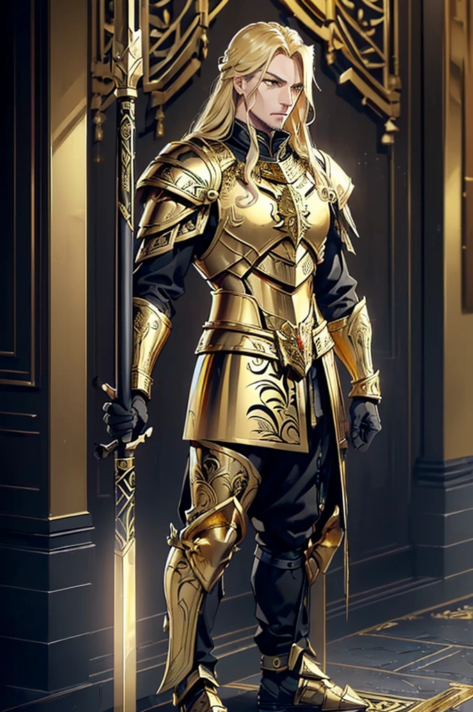 (((work of art, best qualityer), 1 men, standing alone, Older appearance, strong with gold and black armor using war hammer with gold carvings, long blonde hair, Dark yellow eyes