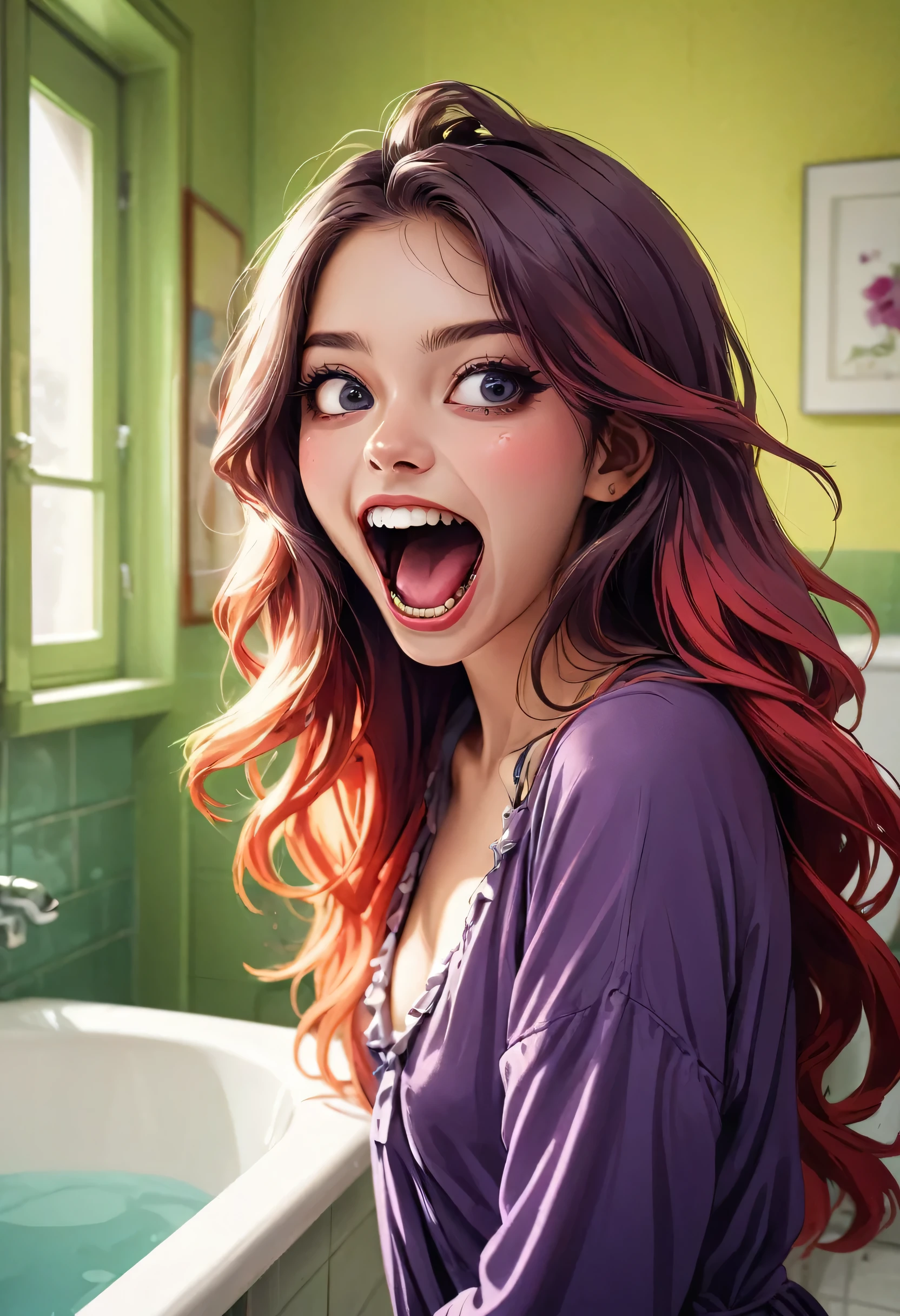 Cat-faced girl standing in the bathroom、Sexy eyes、Fine Art、Spooky、Laughing with big mouth open、beautidful eyes、Beautiful posture、beautiful colored long hair、Depth of subject、detail portrayal、masutepiece、(flat-colors:1.3)、(colourfull:1.8)、(Ring:1.2)