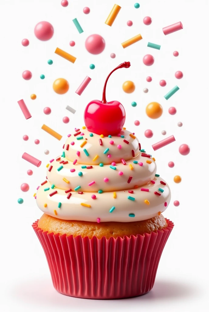 a cupcake with sprinkles and cherry on top 3d PNG with transparent background (make it look delicious and candy exploding in the background)