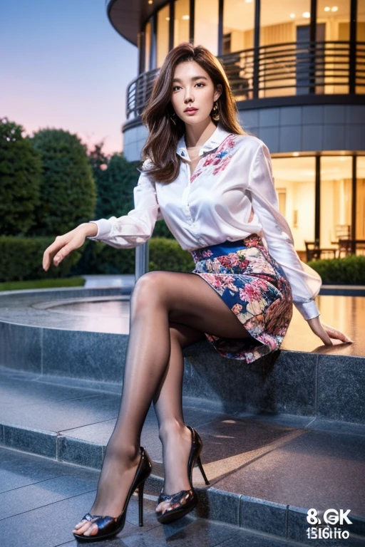 ((Highest quality、Ultra-high resolution、masterpiece、8k))、(Full Body Portrait)、(colorful shirt with collar)、(long skirt with floral pattern:1.3)、((silk pantyhose))、High heels、(Sitting and showing off her beautiful legs)、(1 girl)、Large Breasts、(Delicate face、Detailed eyes and face、double eyelid、Glossy lips)、Moisturized skin、Highly detailed face and skin texture、Two well-balanced legs、((Perfect Anatomy、Anatomically correct))、Modern architecture at night on the background、Professional Lighting