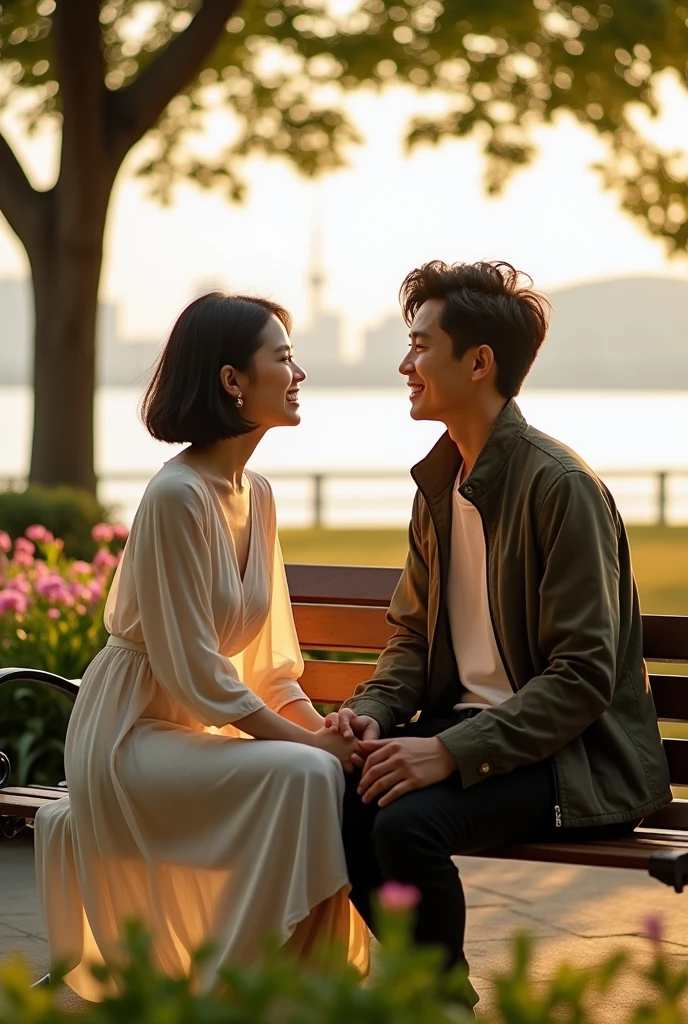 Description: The couple is seated on a park bench, facing each other. They are leaning in, engaged in a soft conversation or shared laughter. The woman’s dress drapes elegantly over the edge of the bench, and the man’s casual jacket is relaxed around him.
Background: The park bench is set amidst a garden area with blooming flowers and lush greenery. The view of Yokohama Bay is visible behind them, framed by trees and flower beds.
Lighting: The warm, golden light filters through the foliage, casting a gentle glow over the couple and creating dappled patterns on the ground. Their expressions should be warm and content. Casual yet Elegant Fashion: Dress the woman in a light, flowy dress that moves gracefully with her as she walks. Opt for soft colors or patterns that complement the warm lighting. For the man, choose a casual jacket and trousers that are stylish but relaxed, fitting the overall elegant vibe. Soft, Golden Lighting: Aim for the golden hour for shooting—the hour after sunrise or before sunset—when the light is warm and soft. This will create a romantic and flattering glow on both the couple and the park’s surroundings. Yamashita Park Setting: Position the couple with the park’s features in the background. Capture the waterfront, lush greenery, and any distinctive landmarks like the Marine Tower. Ensure the blooming flowers and vibrant greenery frame the couple nicely. Details of the Couple: Woman: With her short, dark hair styled neatly and her gentle features, she should be captured in a way that highlights her relaxed and natural beauty. Her outfit should complement her fair complexion and the soft lighting. Man: With his slightly tousled dark hair and angular face, he should have a profile view that emphasizes his defined jawline and intense gaze. His relaxed expression should be softened by the golden light.