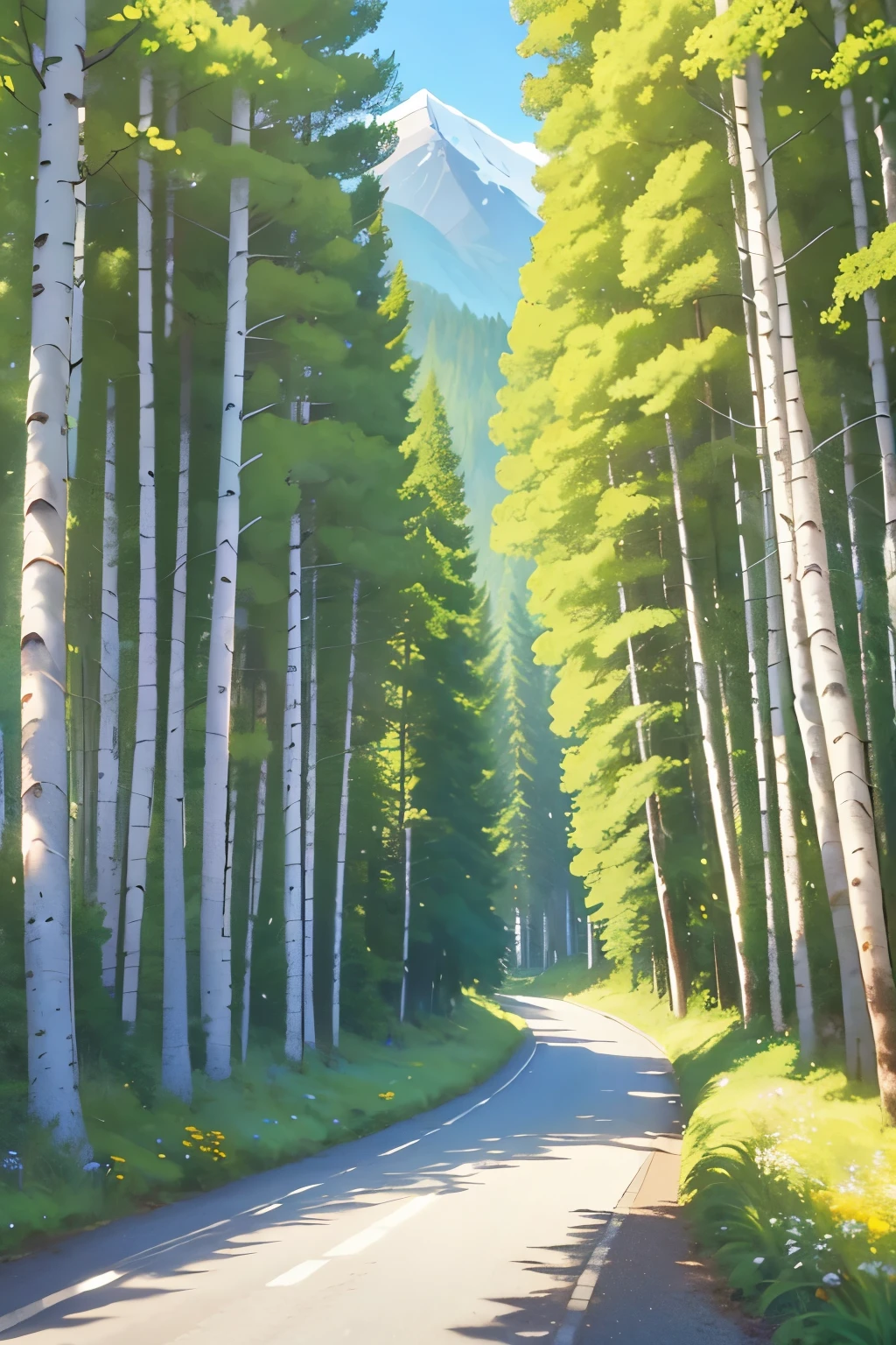 Mountain path, fir trees, birch trees, children playing, flowers, butterflies, flying birds, landscape, birds chirping, sunlight filtering through the trees, soft breeze, lush green foliage, sparkling water reflections, vibrant wildflowers, joyful laughter, carefree children's expressions, dynamic brushstrokes, mountain, harmonious composition.perfect face, perfect body, high definition hadr