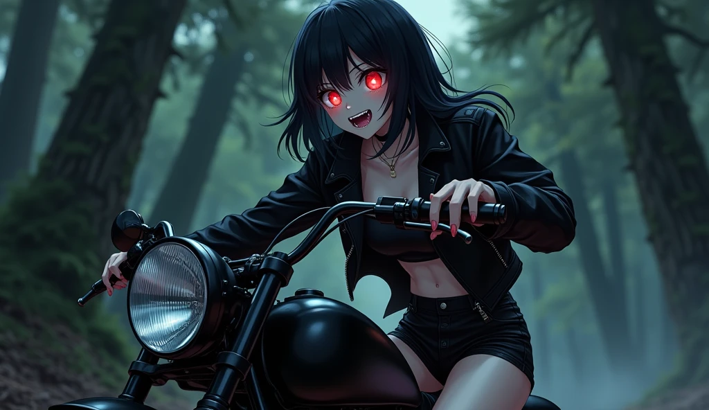 vampire anime girl with glowing red eyes,sharp teeth, wearing black jacket and shorts riding a cruiser motorcycle in a dark pine forest close up