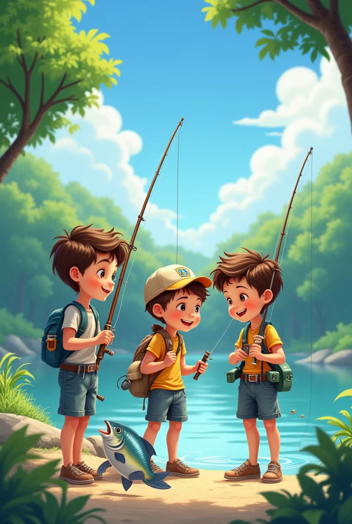 three boys, on the riverbank fishing and laughing at one of his friends trying to get a heavy fish out of the water