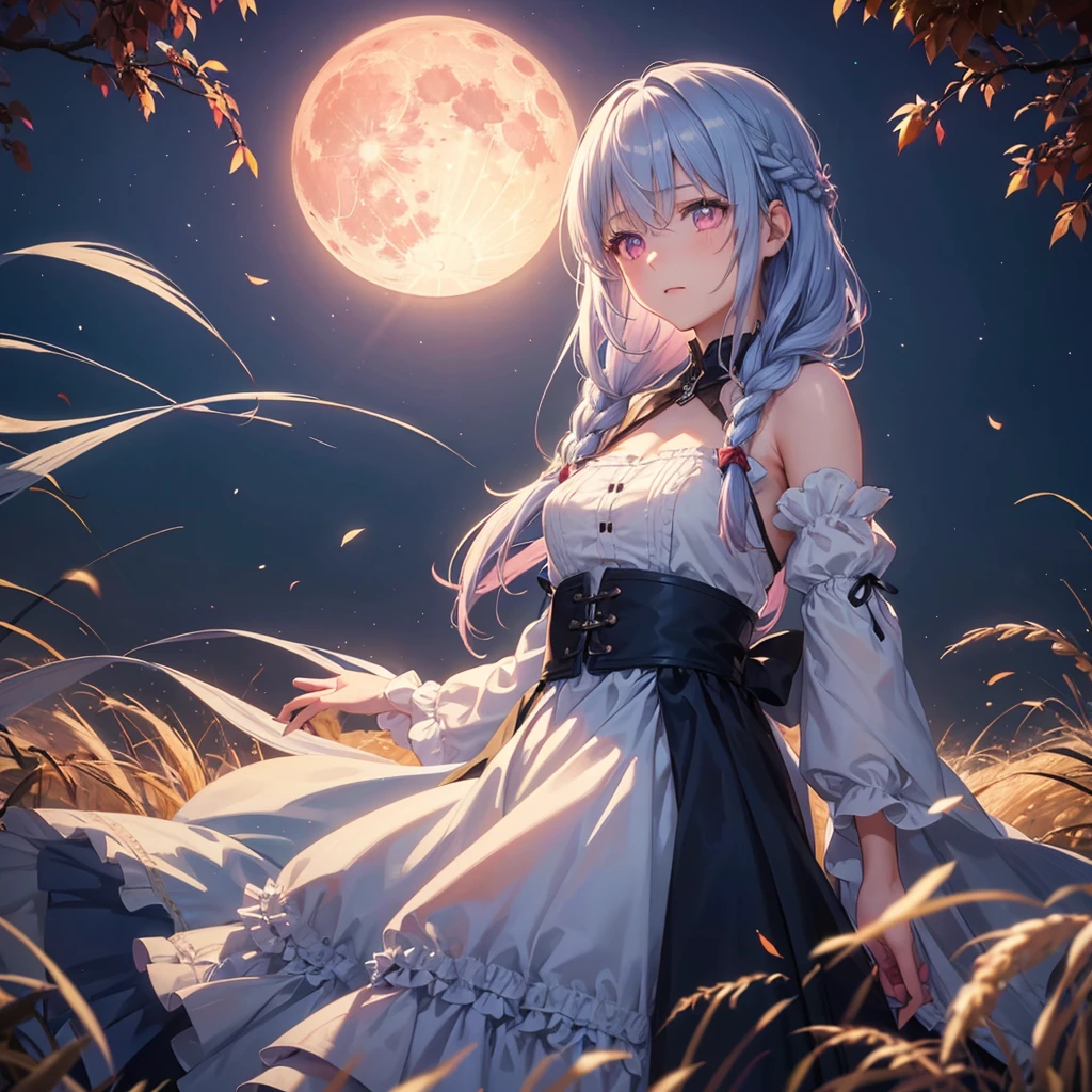 (Braiding),(Sky blue medium hair), (Pink eyes),(Fair skin) ,(whole body),(One Girl),(harvest moon),(A large amount of Miscanthus sinensis in the background),autumn,(full moon),(masterpiece, Highest quality, Very detailed, Best Shadow), (Detailed Background), (Beautifully detailed face), High Contrast, (Best lighting, Very delicate and beautiful), ((Cinematic Light)), Hyper Detail,8k, Dramatic Light, Intricate details
