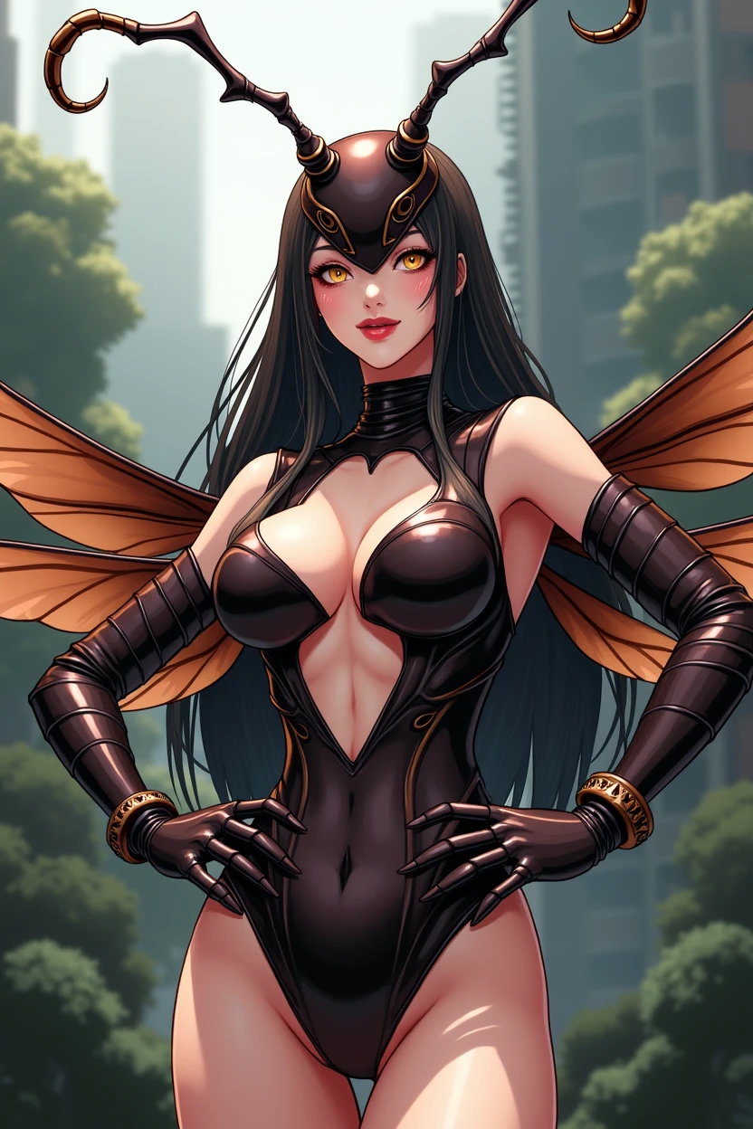 (high resolution,masterpiece,best quality,extremely detailed CG, anime, official art:1.4), realistic, photo, amazing fine details, all intricate, gloss and shiny,awesome many layers, 8k wall paper, 3d, sketch, kawaii, illustration,( solo:1.4), perfect female proportion,villainess, (fusion of dark brown cockroach and lady:1.4), (brown cockroach form lady:1.2), (brown cockroach lady:1.2), (fusion:1.2), (solo:1.4), (evil smile:1.2), muscular, abs, (cockroach brown exoskeleton bio insect suit:1.4), (cockroach brown exoskeleton bio insect armor:1.2), (brown transparency cockroach wing:1.4), (brown cockroach antennae:1.3),