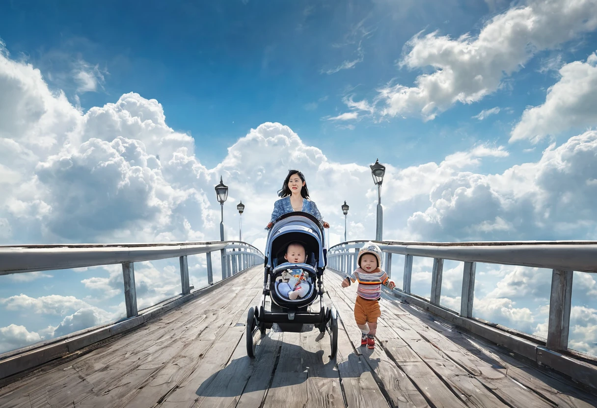 A Chinese woman pushes a  stroller across a bridge，masterpiece, best quality, (best quality), (Best Illustration), Blue sky and white clouds PeterMohrBacher&#39;s art work,A Chinese woman pushes a babyoller across a bridge，Near Movies，Red bridge