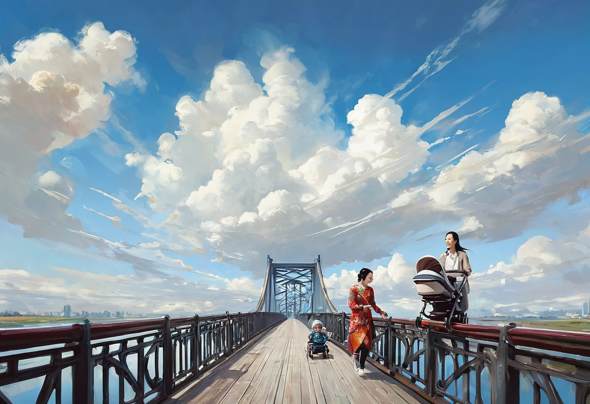 A Chinese woman pushes a baby stroller across a bridge,masterpiece, best quality, (best quality), (Best Illustration), Blue sky and white clouds PeterMohrBacher's art work,A Chinese woman pushes a baby stroller across a bridge,Near Movies,Red bridge