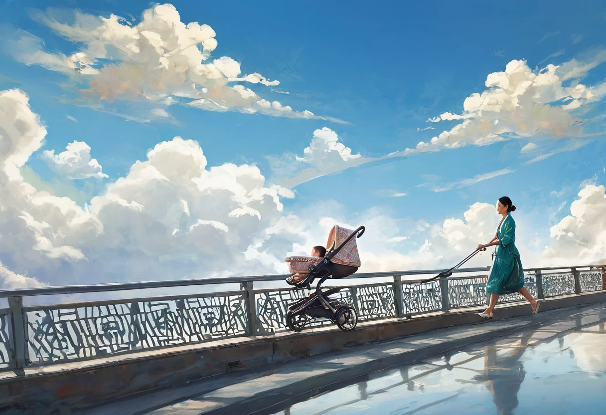 A Chinese woman pushes a baby stroller across a bridge,masterpiece, best quality, (best quality), (Best Illustration), Blue sky and white clouds PeterMohrBacher's art work,A Chinese woman pushes a baby stroller across a bridge,Near Movies,Red bridge