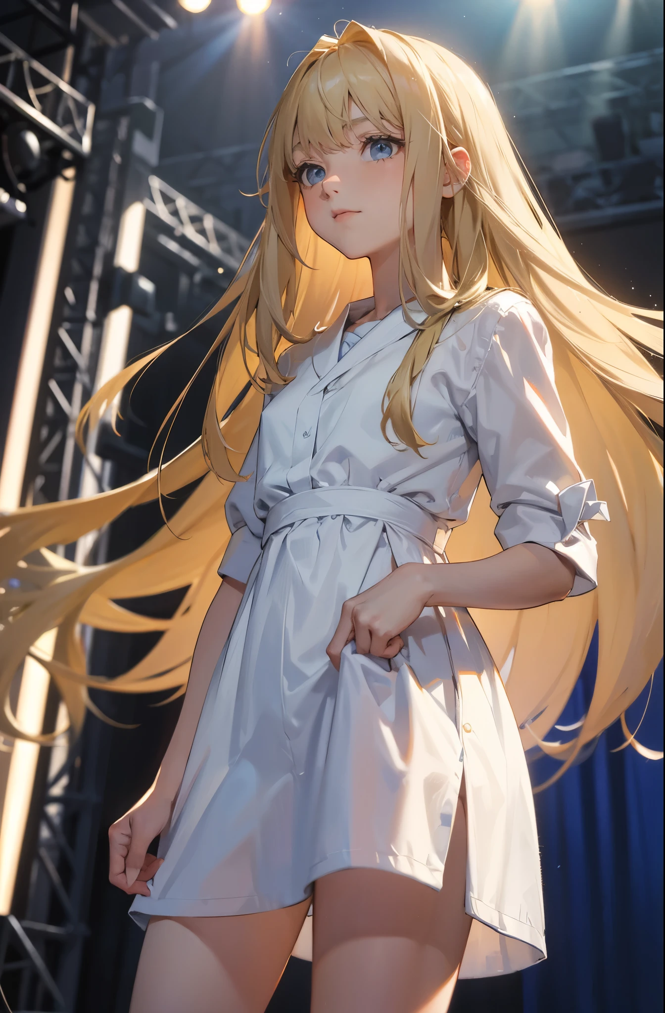 masterpiece, ultra detailed, 8k portrait, RAW photo, portrait photography, Highly detailed face, beautiful and meticulous eyes, , standing on the stage, white shirt and blue shorts, thin long white gown, cute girl, long hair, light blonde girl with long hair, young girl, 1girl, cute girl, pretty girl, portrait of cute girl, slim:1.5,