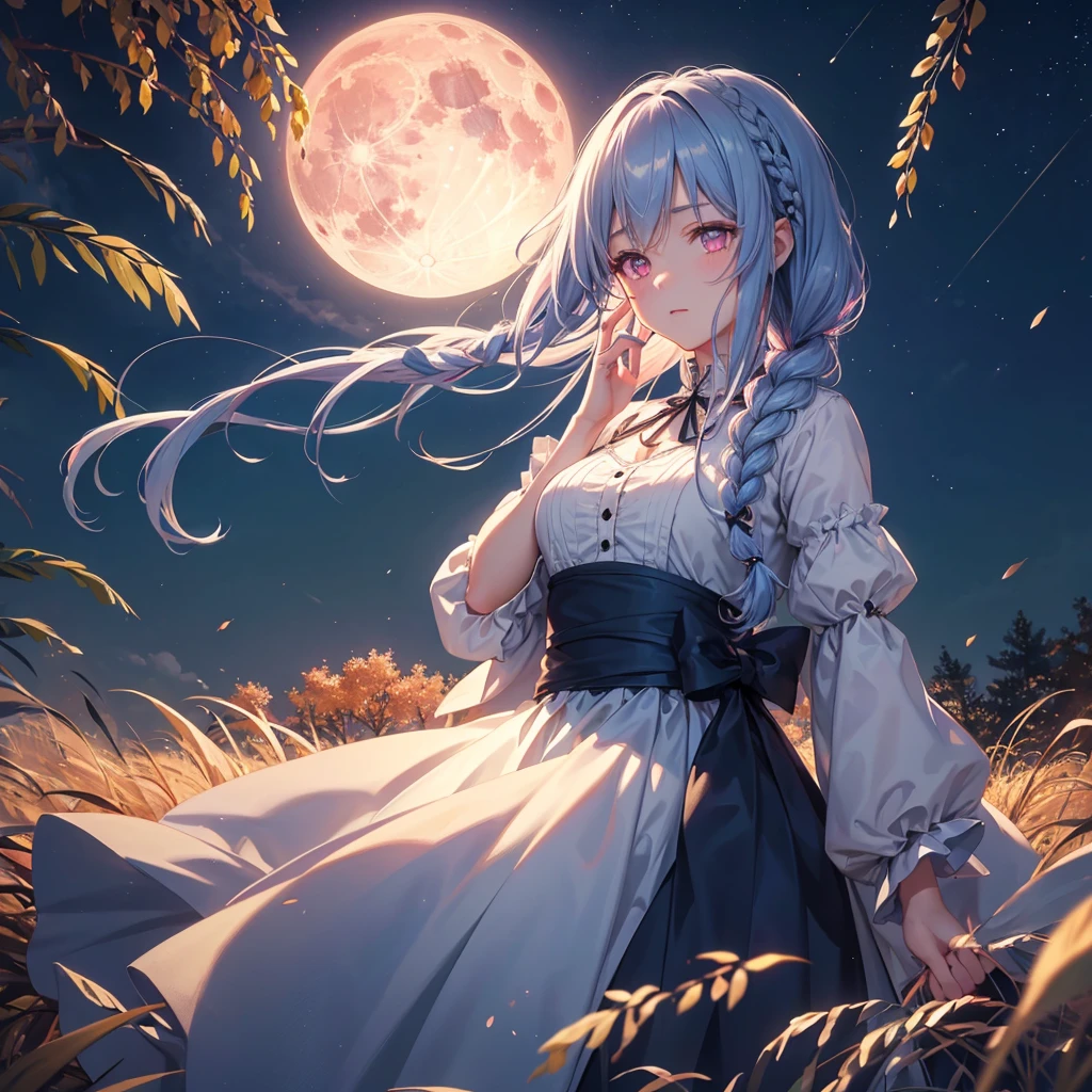 (Braiding),(Sky blue medium hair), (Pink eyes),(Fair skin) ,(whole body),(One Girl),(harvest moon),(A large amount of Miscanthus sinensis in the background),autumn,(full moon),(masterpiece, Highest quality, Very detailed, Best Shadow), (Detailed Background), (Beautifully detailed face), High Contrast, (Best lighting, Very delicate and beautiful), ((Cinematic Light)), Hyper Detail,8k, Dramatic Light, Intricate details