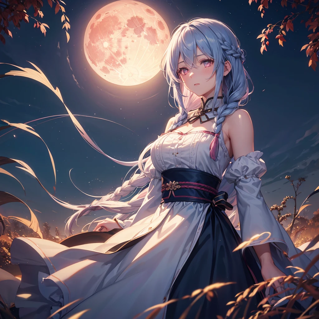(Braiding),(Sky blue medium hair), (Pink eyes),(Fair skin) ,(whole body),(One Girl),(harvest moon),(A large amount of Miscanthus sinensis in the background),autumn,(full moon),(masterpiece, Highest quality, Very detailed, Best Shadow), (Detailed Background), (Beautifully detailed face), High Contrast, (Best lighting, Very delicate and beautiful), ((Cinematic Light)), Hyper Detail,8k, Dramatic Light, Intricate details