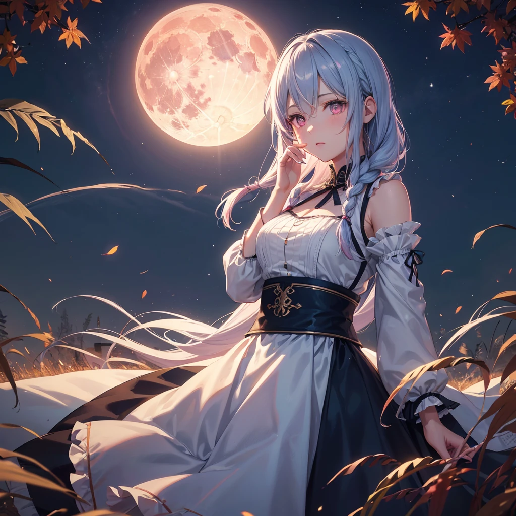 (Braiding),(Sky blue medium hair), (Pink eyes),(Fair skin)  ,(whole body),(One Girl),(harvest moon),(A large amount of Miscanthus sinensis in the background),autumn,(full moon),(masterpiece, Highest quality, Very detailed, Best Shadow), (Detailed Background), (Beautifully detailed face), High Contrast, (Best lighting, Very delicate and beautiful), ((Cinematic Light)), Hyper Detail,8k, Dramatic Light, Intricate details