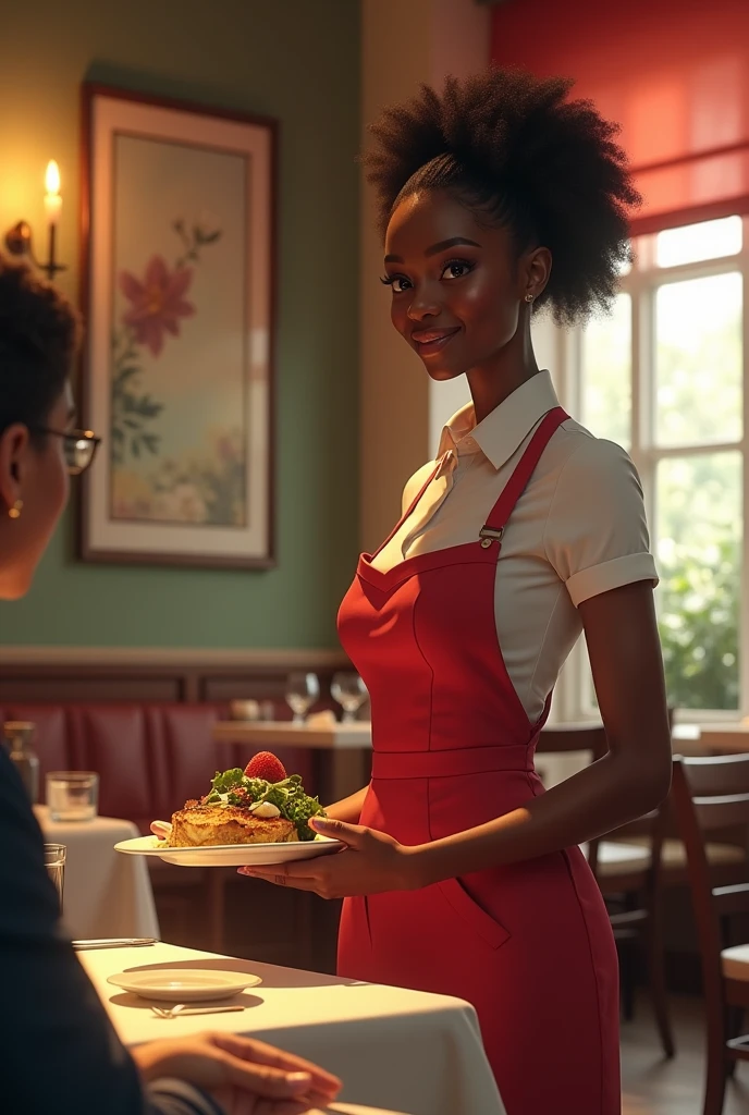 A black waitress giving food to customer . She must be skinny and bautiful