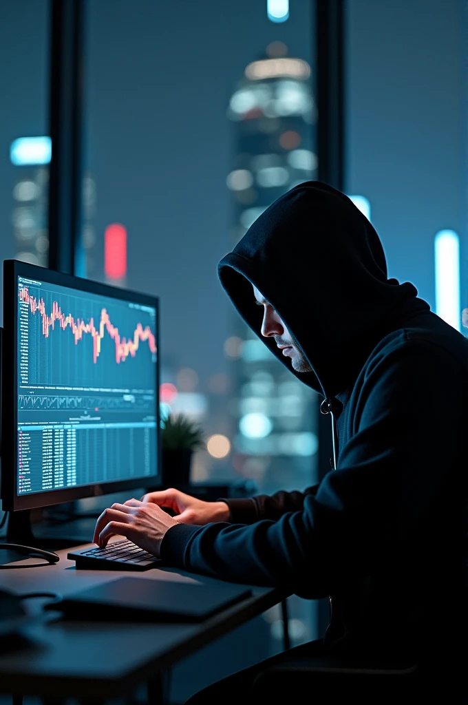 Man dressed in black with a hood, with a computer making operations in the financial market