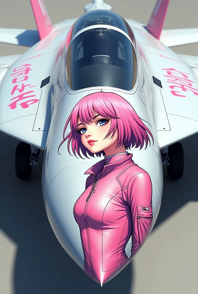 Draw a picture of a girl on the surface of a fighter jet's fuselage.The fighter plane is in the shape of an F14. The color of the aircraft is white. The panel lines are visible. The girl drawn on the aircraft is a cute girl with pink short hair, wearing a cyber-chic stylish suit.The girl is depicted in a dynamic pose, with stylish, foreign-scientific text painted like camouflage around her.A shot showing the entire top of the fighter jet,Ultra high quality, ultra grade, ultra fine painting, 8k.Vivid colors,