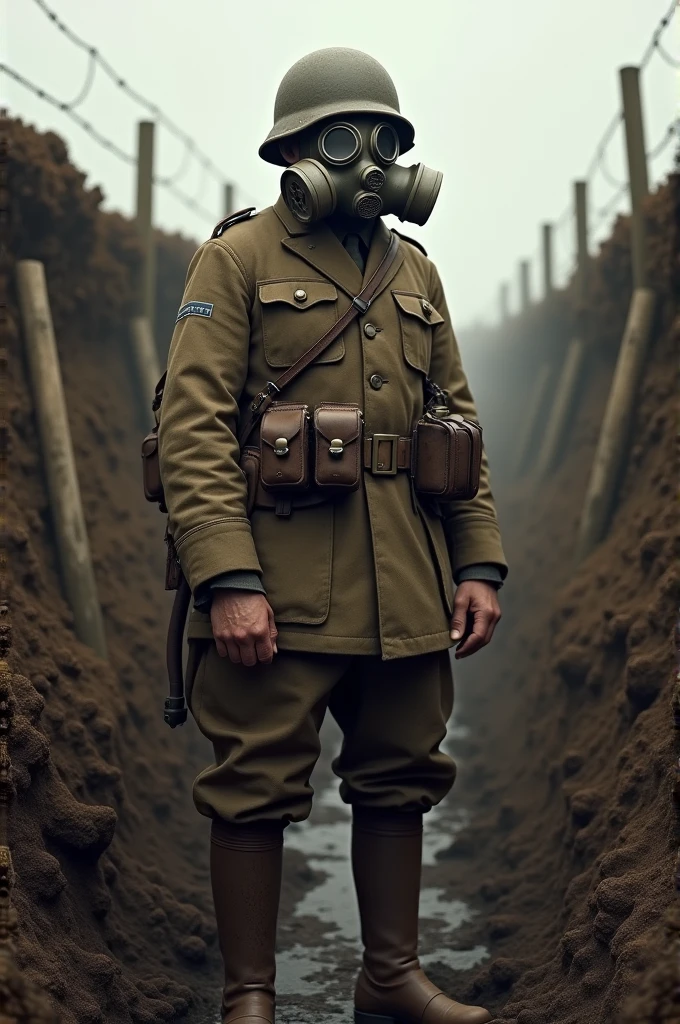 Create a realistic image of a British soldier with a gas mask in trenches of the world war 1 