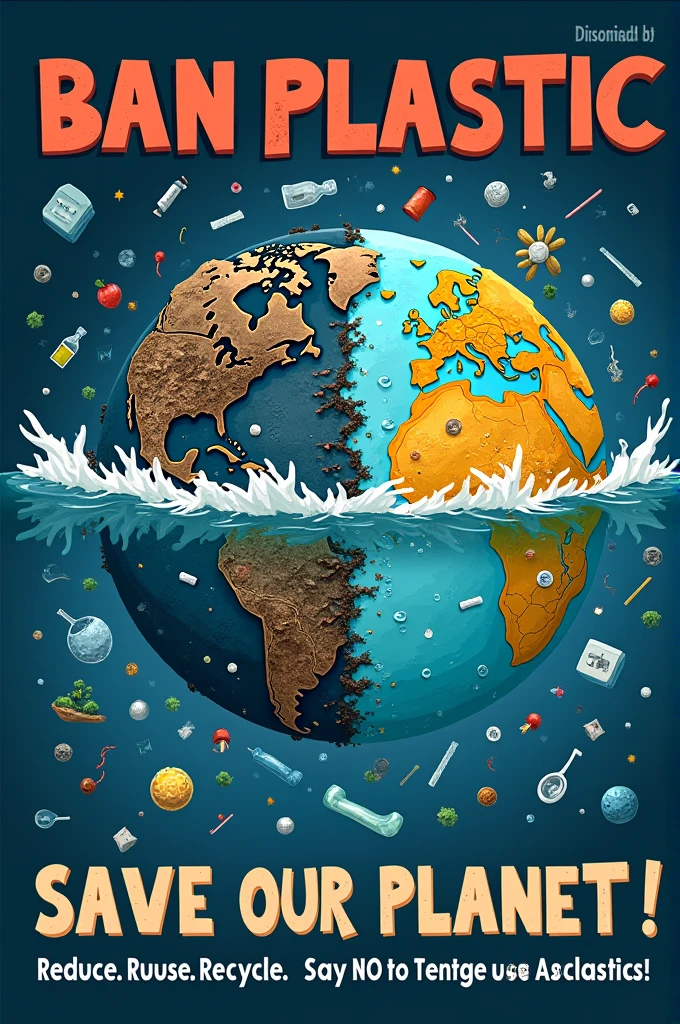 "Create an impactful poster on an A3 size layout with the theme 'Ban Plastic and Save Earth.' The top half of the poster should depict a distressed Earth being choked by plastic waste, such as plastic bags, bottles, and straws, with the plastic wrapped around the globe like chains. The colors in this section should be dark and polluted, emphasizing the negative impact of plastic pollution.
In contrast, the bottom half should show a vibrant, healthy Earth, free from plastic waste, symbolizing a cleaner and more sustainable future. Surround the healthy Earth with symbols of recycling, renewable energy, and flourishing ecosystems, like trees, animals, and clean water. Use bright, natural colors in this section to create a positive and hopeful atmosphere.
Include the headline 'Ban Plastic, Save Our Planet!' prominently at the top, in bold, striking text. Add a subtext below the headline that reads, 'Every piece of plastic ever made still exists. Let’s choose a sustainable future.' At the bottom of the poster, include a call to action: 'Reduce. Reuse. Recycle. Say NO to single-use plastics!' Use a clean, readable font for all text elements, and ensure the overall design is visually balanced and compelling."